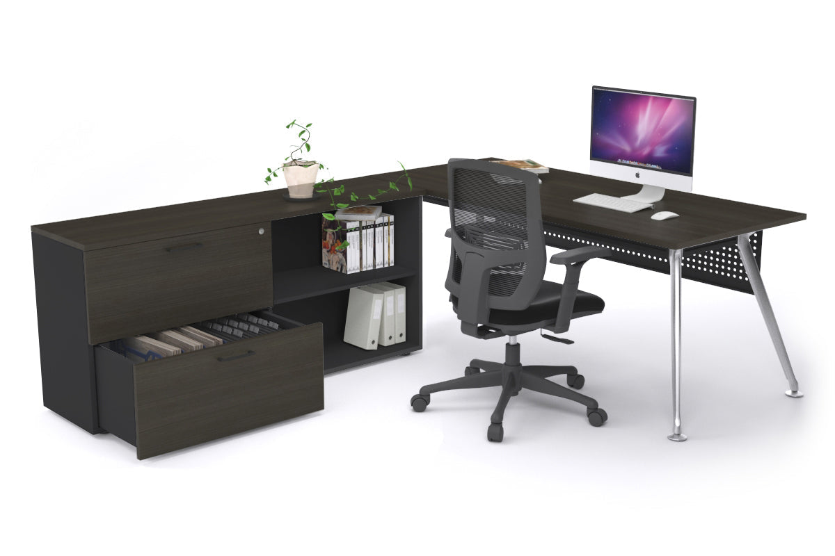 San Fran Executive Setting - Chrome Frame [1600L x 800W] Jasonl dark oak Black modesty 2 drawer open