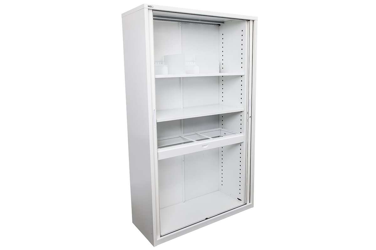 Sonic Tambour Siliding Door Storage Cabinet Metal - White [900W x 473D] Sonic 1981H extra shelf none