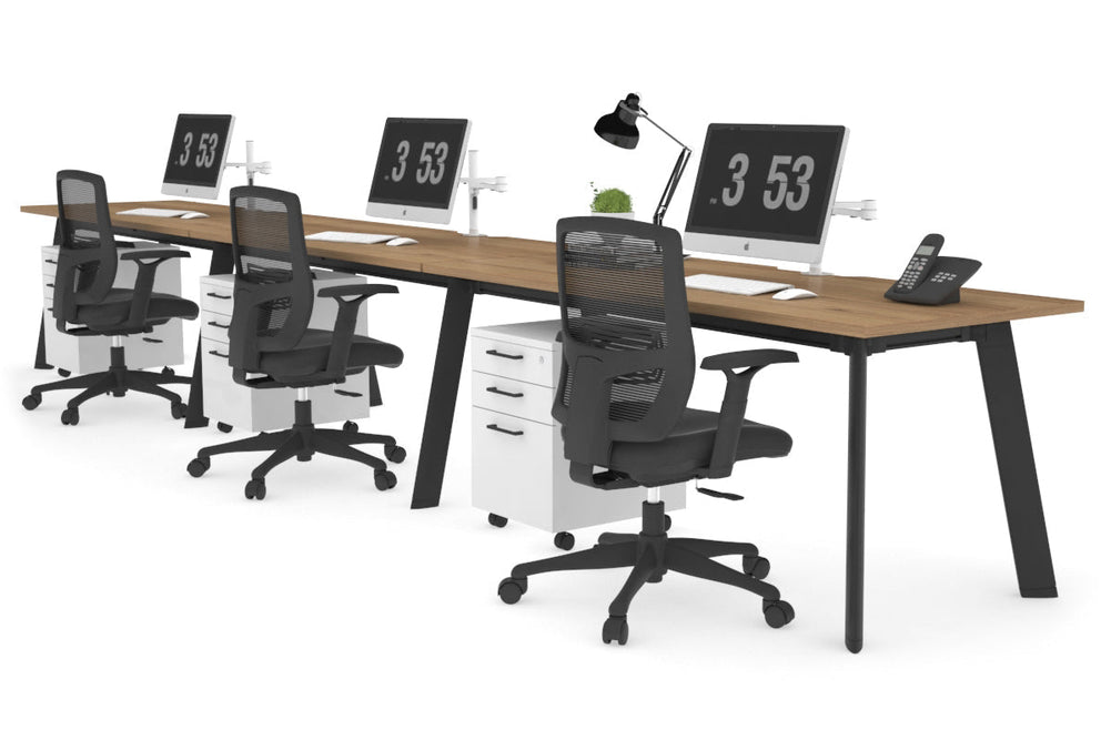 Switch - 3 Person Office Workstation Run [1400L x 800W with Cable Scallop]-black leg salvage oak 