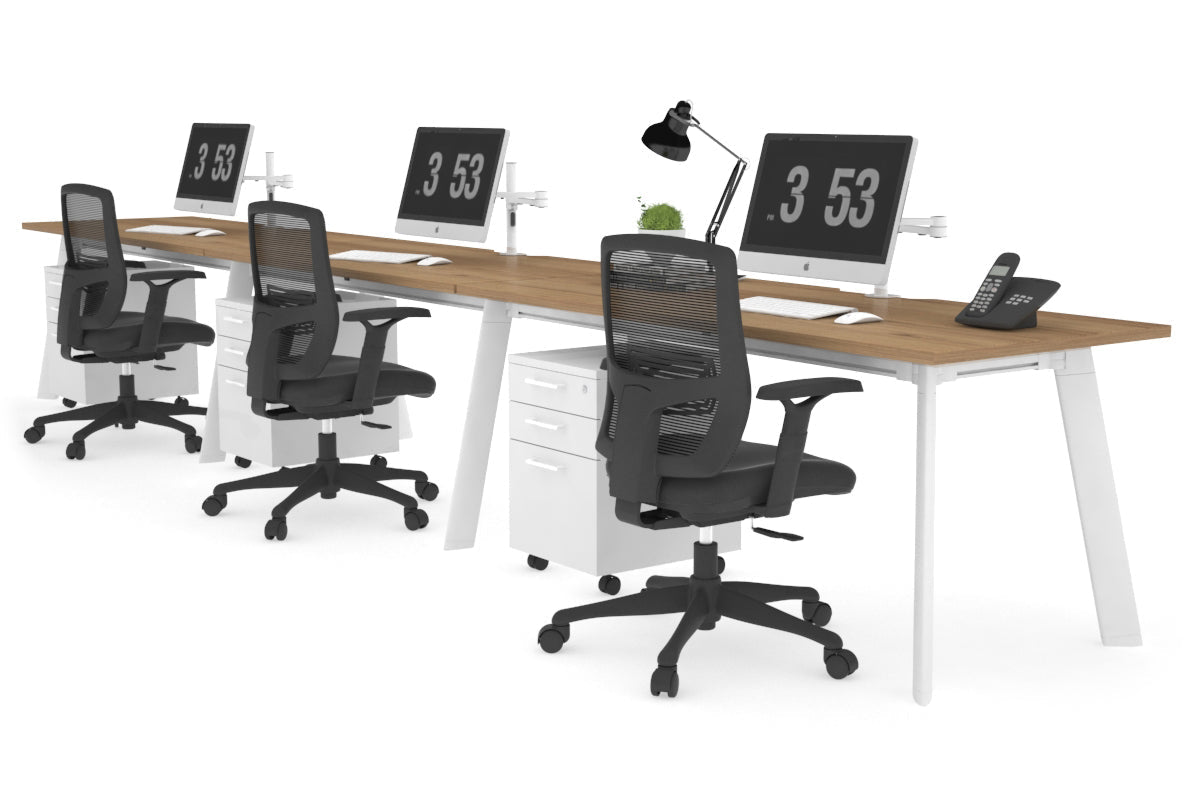 Switch - 3 Person Office Workstation Run [1400L x 800W with Cable Scallop]-white leg salvage oak 