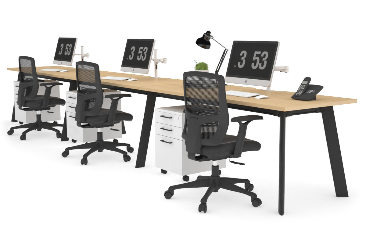 Switch - 3 Person Office Workstation Run [1400L x 800W with Cable Scallop]-black leg maple 