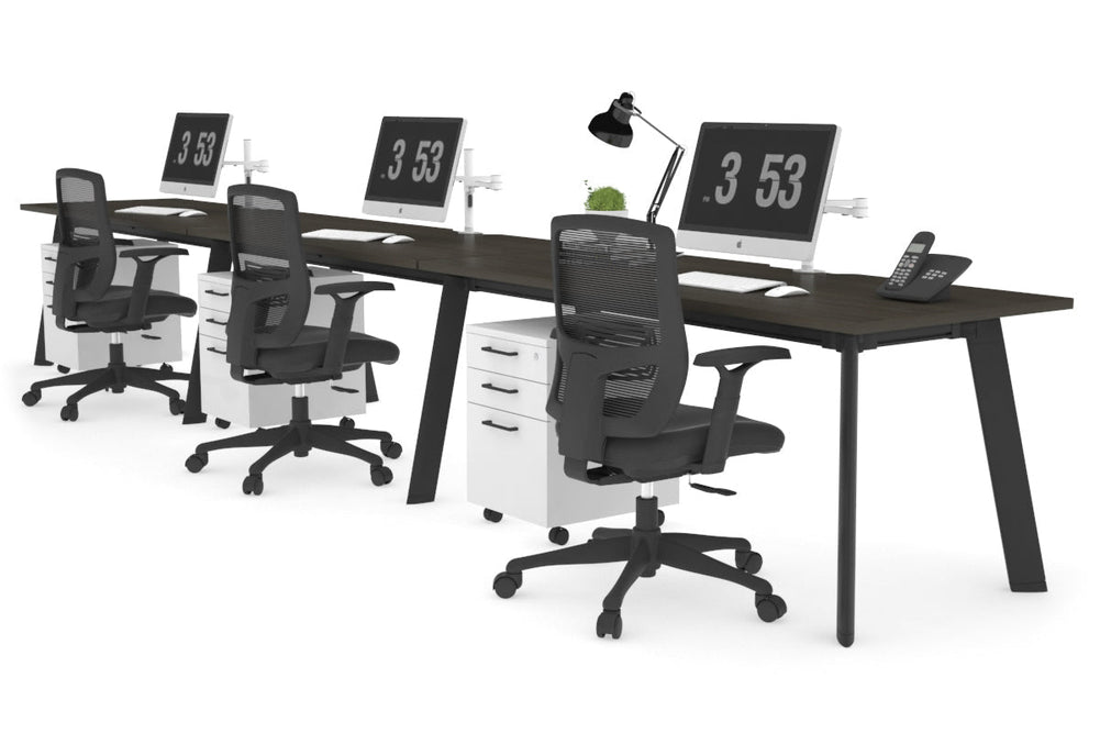 Switch - 3 Person Office Workstation Run [1600L x 800W with Cable Scallop]-black leg dark oak 