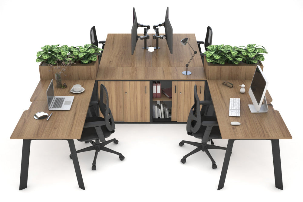 Switch 4 Person Workstation with Uniform Spine [4 x (1400L x 800W) with Cable Scallop]-black leg salvage oak/salvage oak planter 