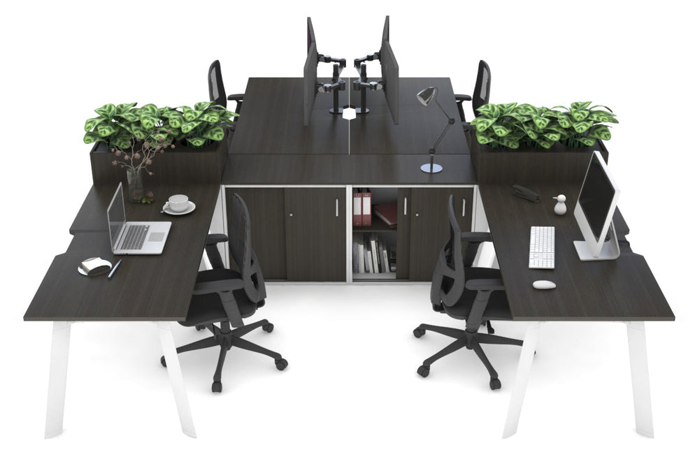 Switch 4 Person Workstation with Uniform Spine [4 x (1400L x 800W) with Cable Scallop]-white leg dark oak/dark oak planter 