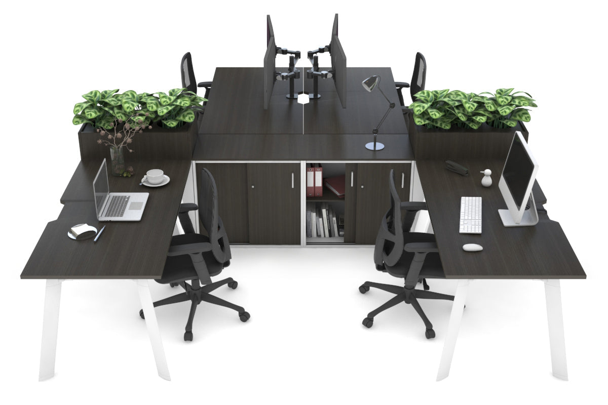 Switch 4 Person Workstations with Uniform Spine [4 x (1400L x 800W) with Cable Scallop] Jasonl white leg dark oak/dark oak planter 