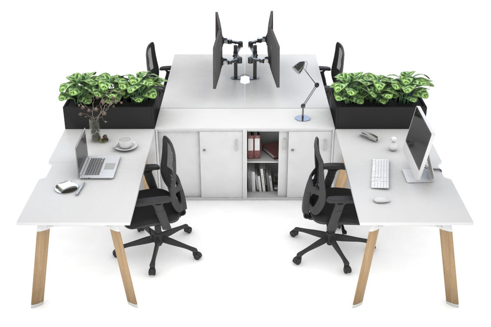 Switch 4 Person Workstation with Uniform Spine [4 x (1400L x 800W) with Cable Scallop]-wood imprint leg white/black planter 