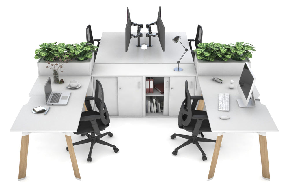 Switch 4 Person Workstation with Uniform Spine [4 x (1400L x 800W) with Cable Scallop]-wood imprint leg white/white planter 