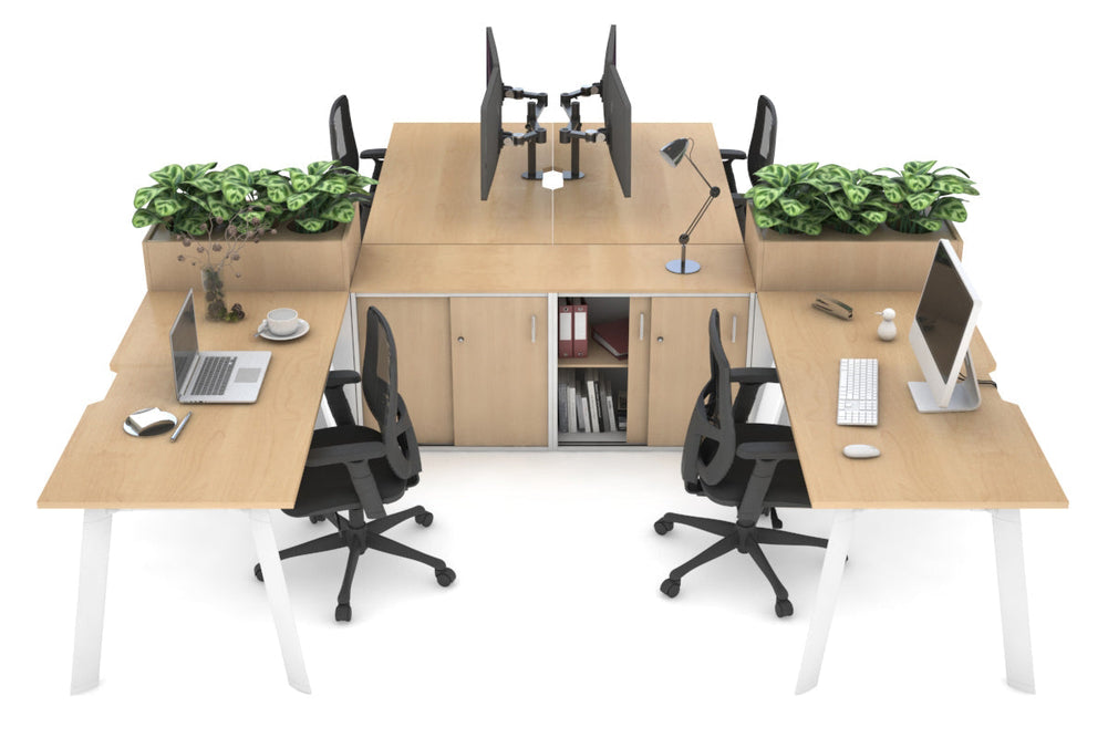 Switch 4 Person Workstation with Uniform Spine [4 x (1600L x 800W) with Cable Scallop]-white leg maple/maple planter 
