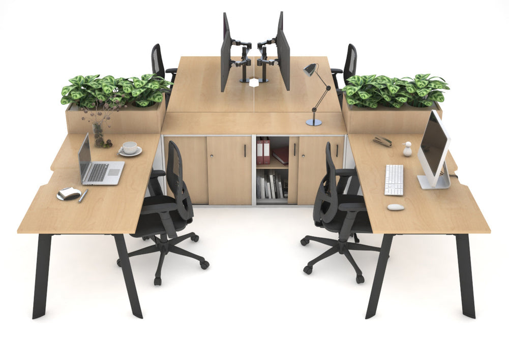 Switch 4 Person Workstation with Uniform Spine [4 x (1600L x 800W) with Cable Scallop]-black leg maple/maple planter 