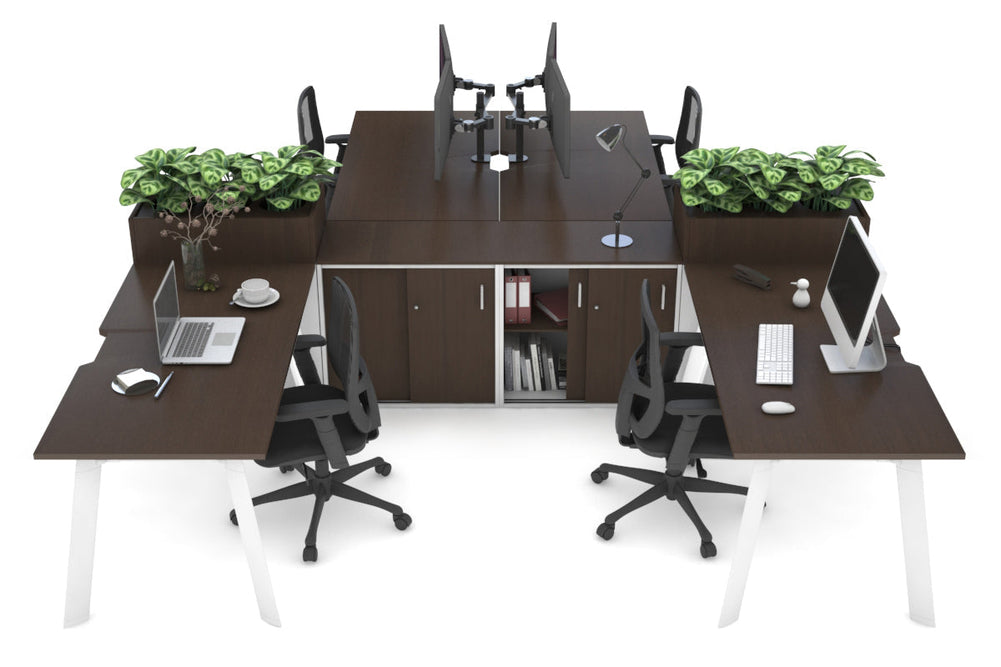 Switch 4 Person Workstation with Uniform Spine [4 x (1600L x 800W) with Cable Scallop]-white leg wenge/wenge planter 