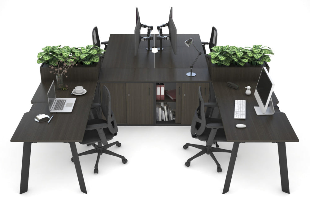 Switch 4 Person Workstation with Uniform Spine [4 x (1600L x 800W) with Cable Scallop]-black leg dark oak/dark oak planter 