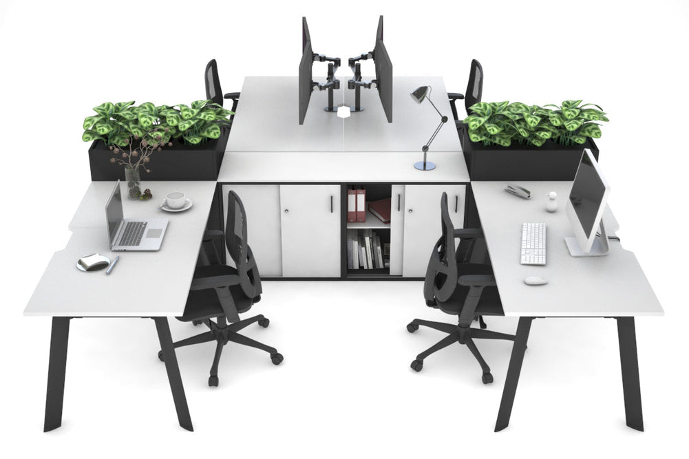 Switch 4 Person Workstation with Uniform Spine [4 x (1600L x 800W) with Cable Scallop]-black leg white/black planter 