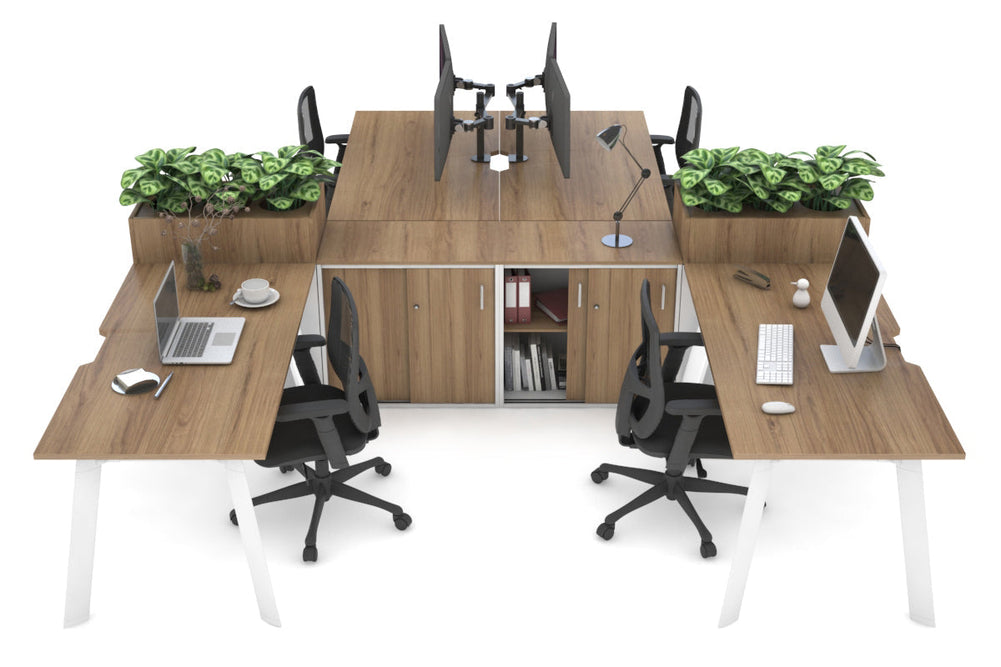 Switch 4 Person Workstation with Uniform Spine [4 x (1600L x 800W) with Cable Scallop]-white leg salvage oak/salvage oak planter 
