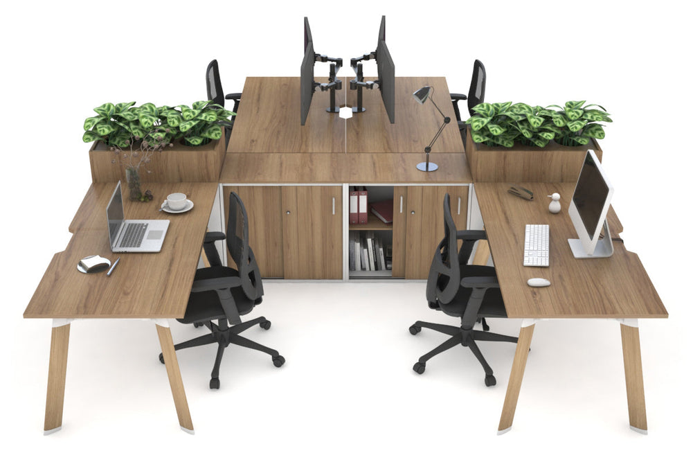 Switch 4 Person Workstation with Uniform Spine [4 x (1800L x 800W) with Cable Scallop]-wood imprint leg salvage oak/salvage oak planter 