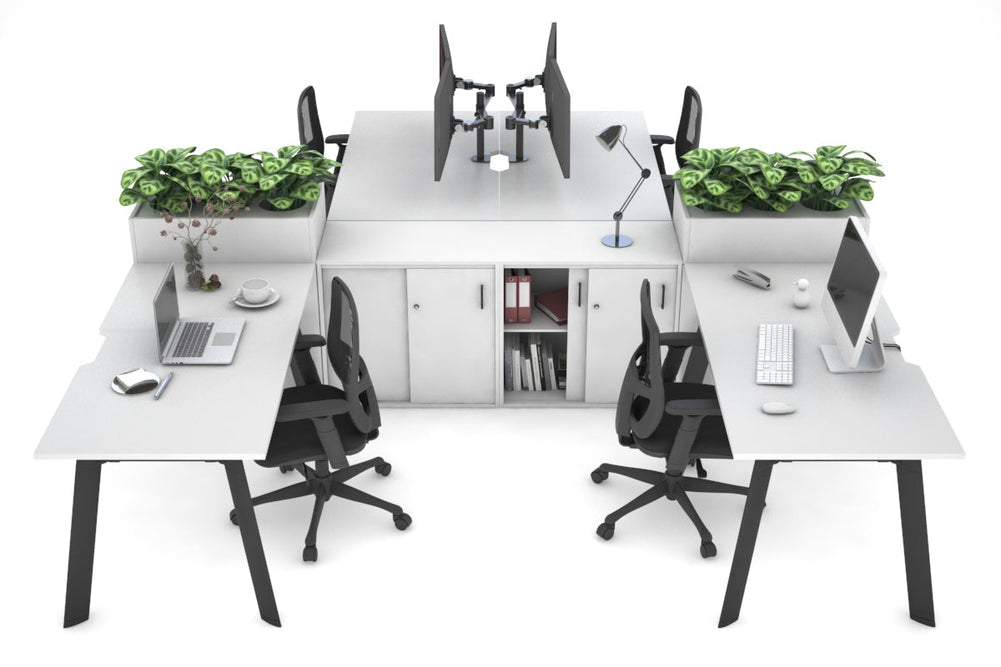 Switch 4 Person Workstation with Uniform Spine [4 x (1800L x 800W) with Cable Scallop]-black leg white/white planter 
