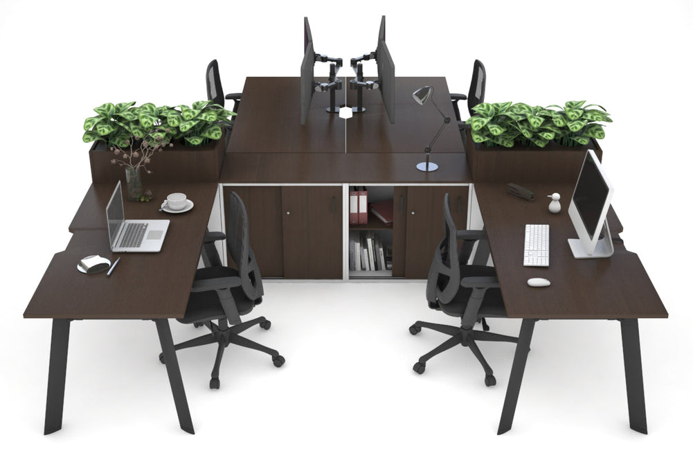 Switch 4 Person Workstation with Uniform Spine [4 x (1800L x 800W) with Cable Scallop]-black leg wenge/wenge planter 