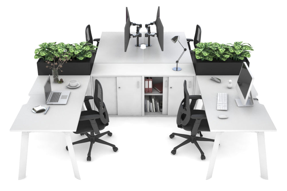 Switch 4 Person Workstation with Uniform Spine [4 x (1800L x 800W) with Cable Scallop]-white leg white/black planter 