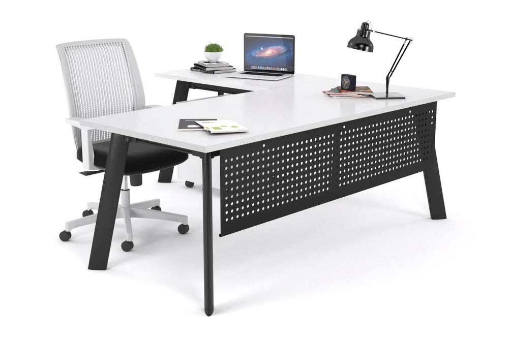 Switch Executive Corner Office Desk [1600L x 1450W]-black leg white modesty panel
