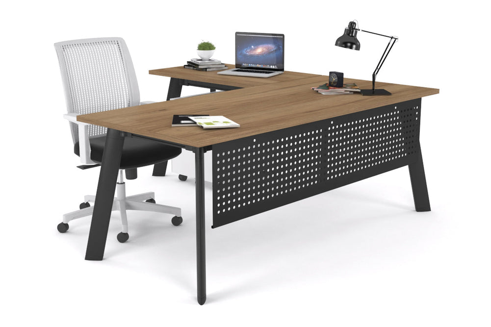 Switch Executive Corner Office Desk [1600L x 1450W]-black leg salvage oak modesty panel
