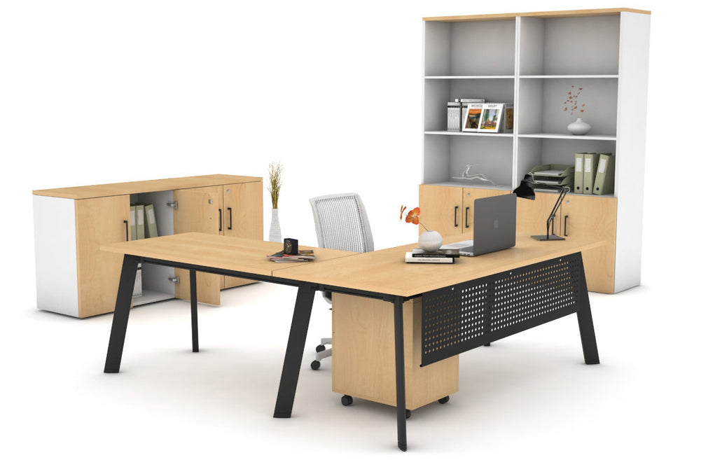 Switch Executive Corner Office Desk [1600L x 1450W]-black leg dark oak modesty panel