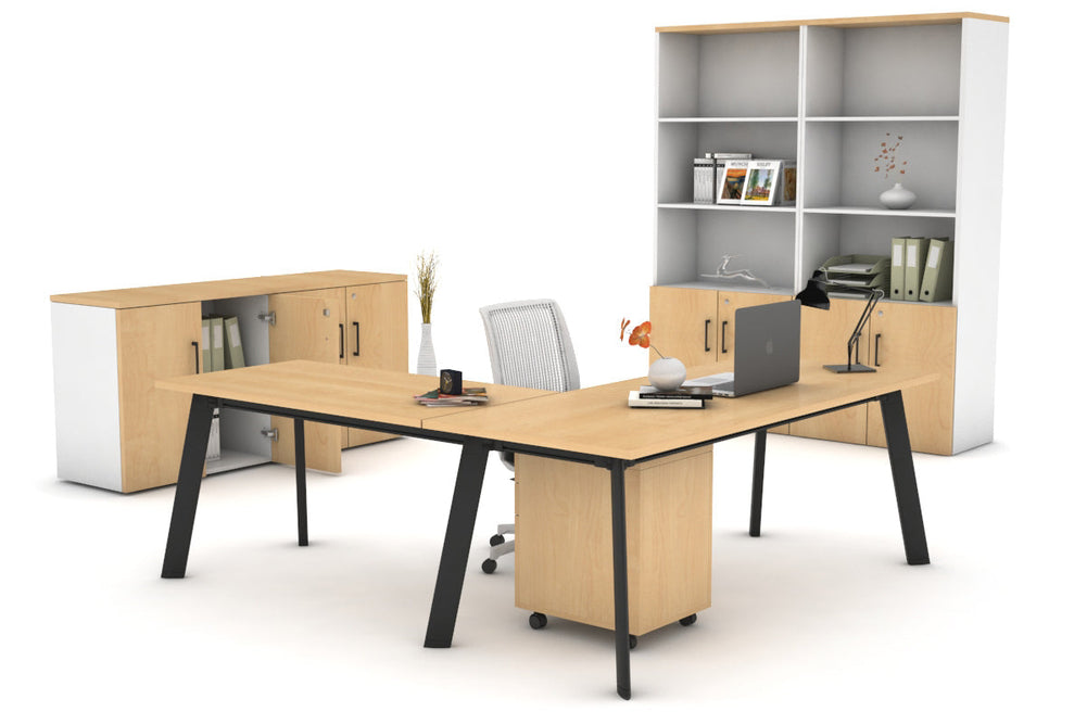 Switch Executive Corner Office Desk [1600L x 1450W]-black leg dark oak modesty panel