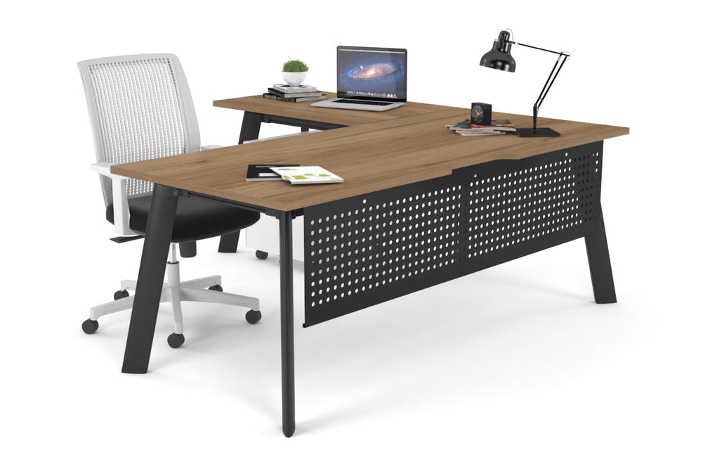 Switch Executive Corner Office Desk [1600L x 1550W with Cable Scallop]-black leg salvage oak modesty panel