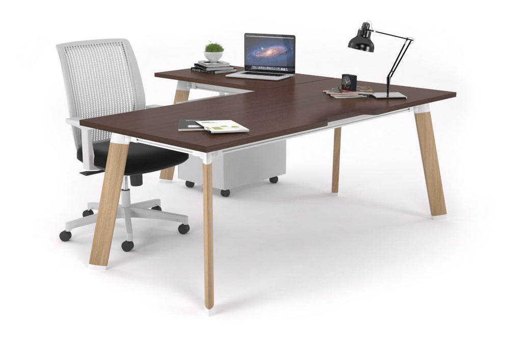 Switch Executive Corner Office Desk [1600L x 1550W with Cable Scallop]-black leg dark oak modesty panel