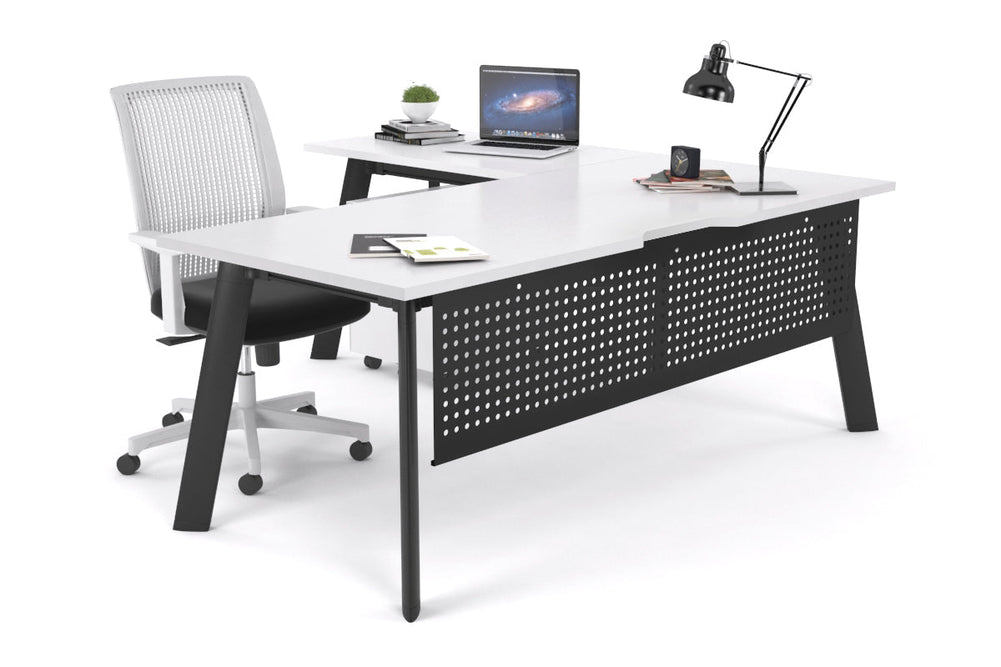 Switch Executive Corner Office Desk [1600L x 1550W with Cable Scallop]-black leg white modesty panel