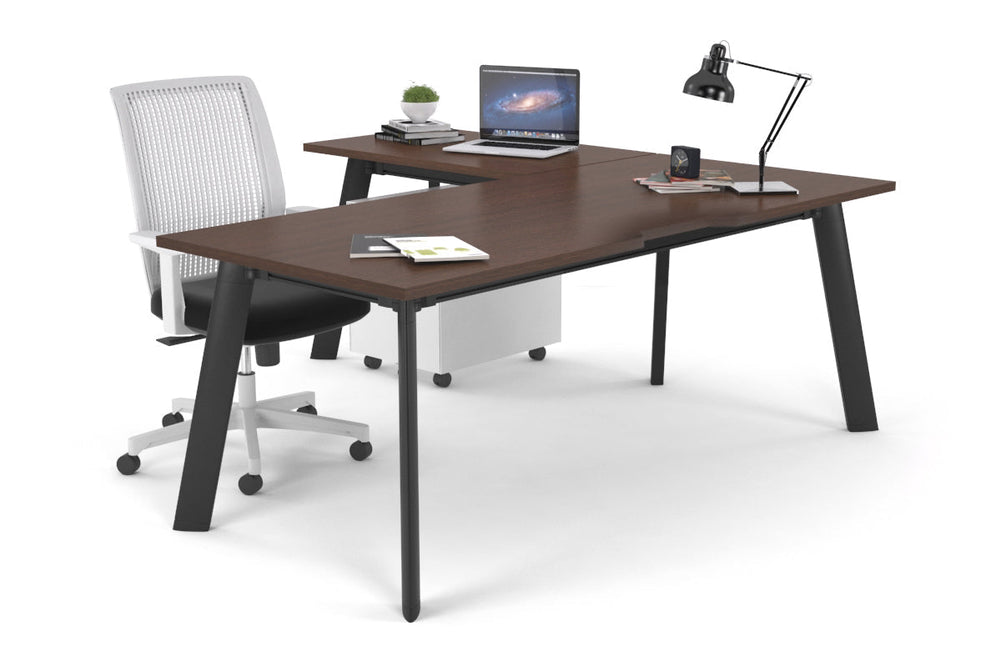 Switch Executive Corner Office Desk [1600L x 1550W with Cable Scallop]-black leg dark oak modesty panel