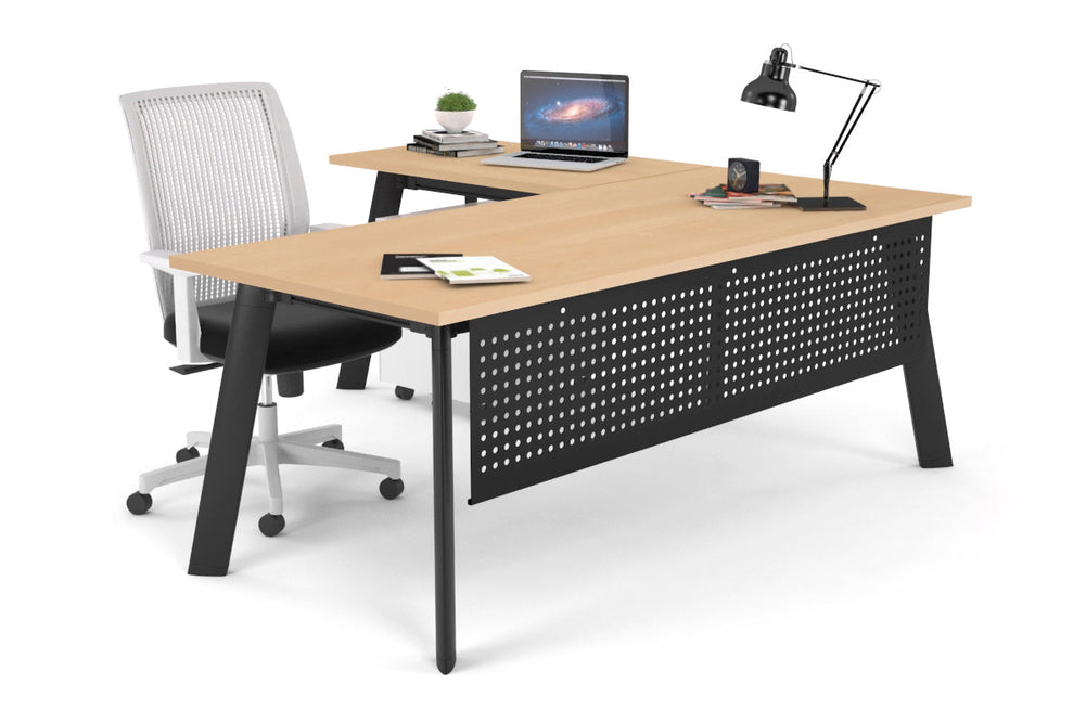 Switch Executive Corner Office Desk [1600L x 1700W]-black leg maple modesty panel