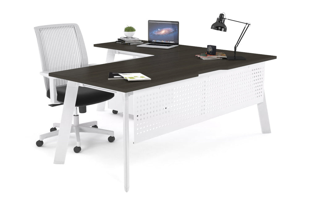 Switch Executive Corner Office Desk [1600L x 1800W with Cable Scallop]-white leg dark oak modesty panel