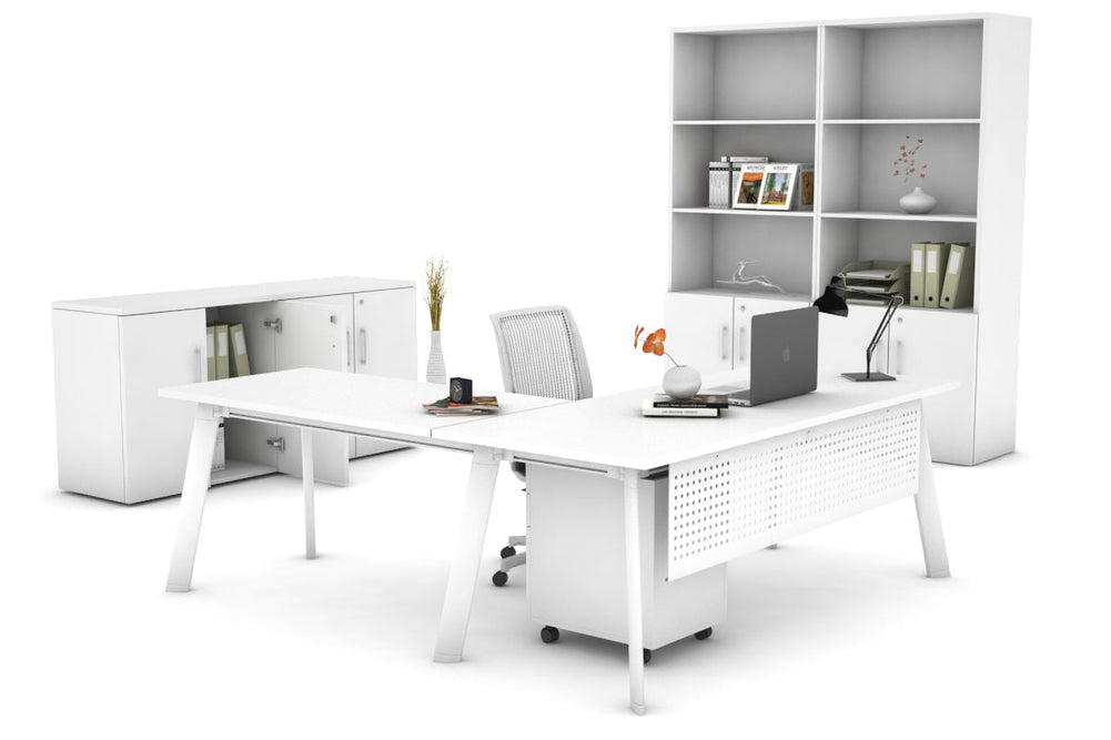 Switch Executive Corner Office Desk [1600L x 1800W with Cable Scallop]-black leg dark oak modesty panel