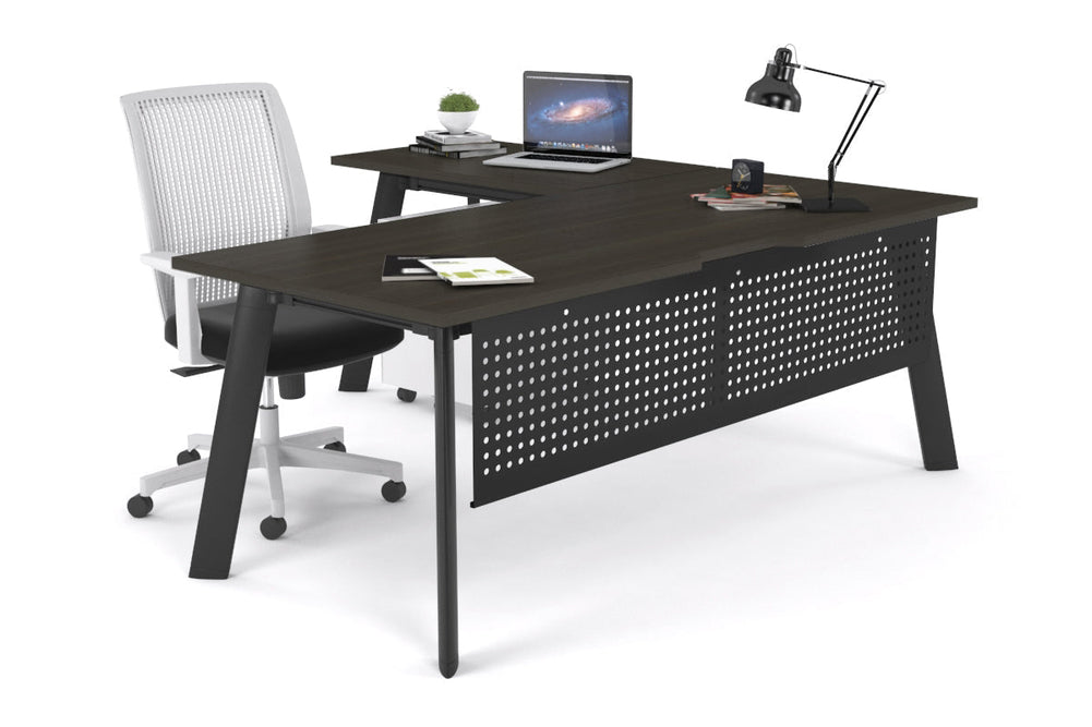 Switch Executive Corner Office Desk [1600L x 1800W with Cable Scallop]-black leg dark oak modesty panel