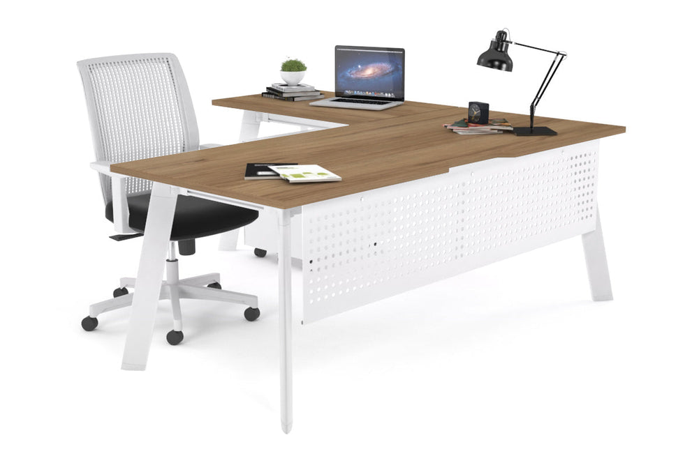 Switch Executive Corner Office Desk [1800L x 1550W with Cable Scallop]-white leg salvage oak modesty panel