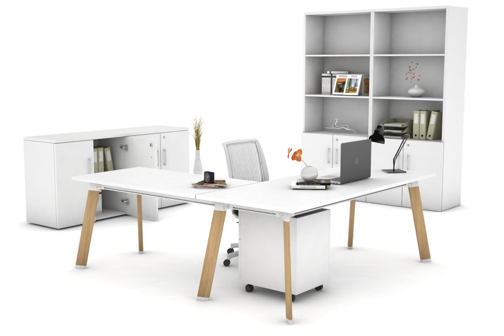 Switch Executive Corner Office Desk [1800L x 1550W with Cable Scallop]-black leg dark oak modesty panel