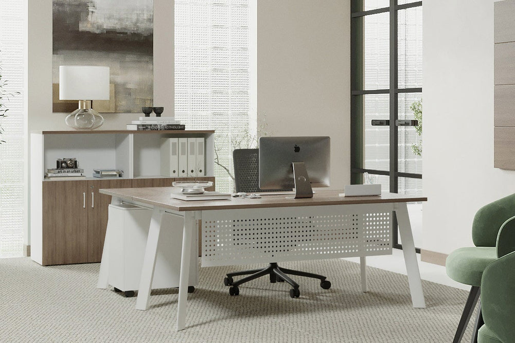 Switch Executive Corner Office Desk [1800L x 1550W with Cable Scallop]-black leg dark oak modesty panel