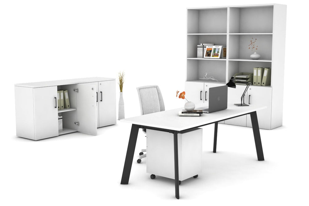 Switch Executive Desk [1200L x 800W with Cable Scallop]-black leg dark oak modesty panel