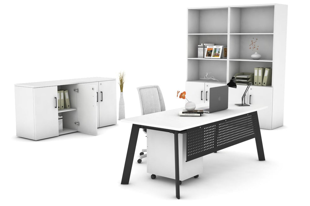 Switch Executive Desk [1200L x 800W with Cable Scallop]-black leg dark oak modesty panel