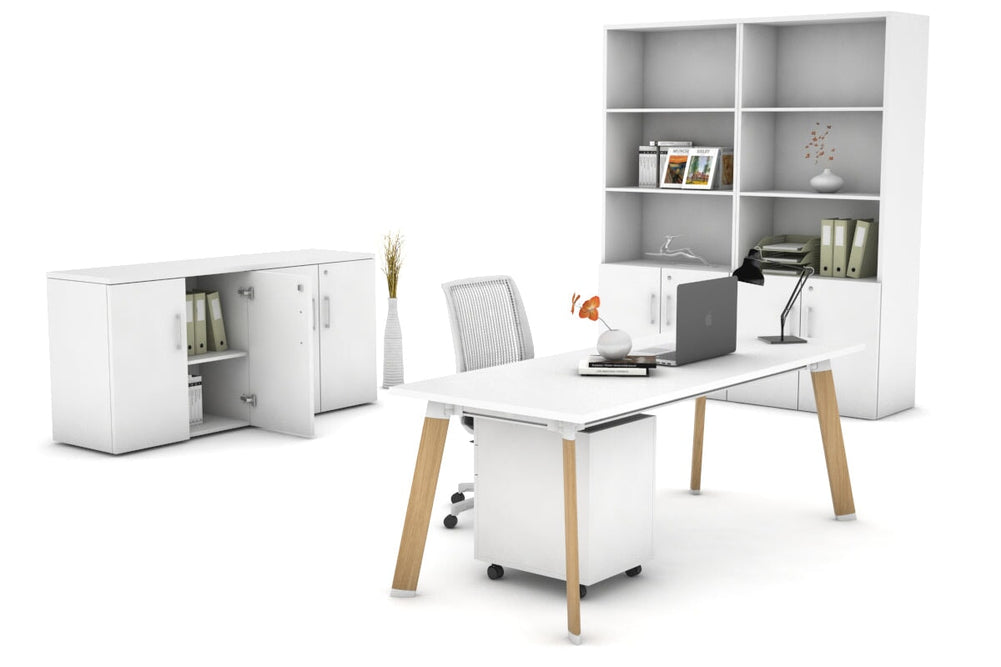 Switch Executive Desk [1600L x 800W with Cable Scallop]-black leg dark oak modesty panel