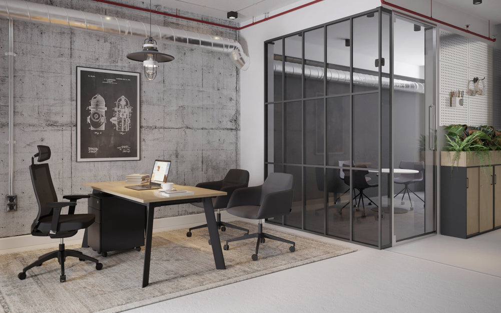 Switch Executive Desk [1600L x 800W with Cable Scallop]-black leg dark oak modesty panel