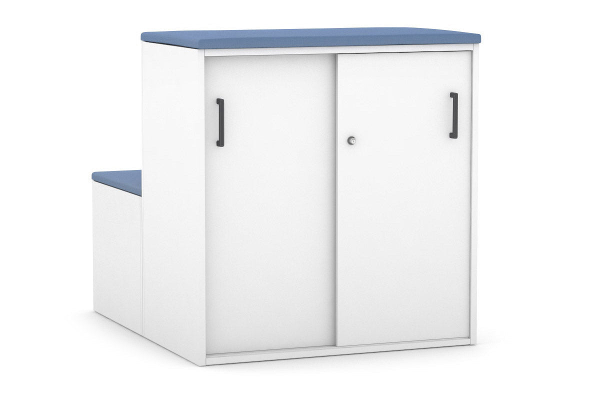 Uniform Activity Module - Med Sliding 2 Door Credenza with Low Sliding 2 Door Credenza - Seat Cushion [Black Handle]-Cosmo blue white  