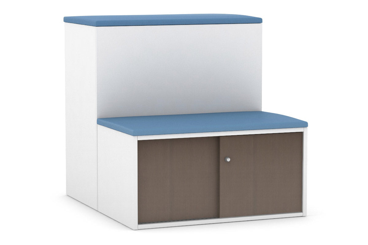 Uniform Activity Module - Med Sliding 2 Door Credenza with Low Sliding 2 Door Credenza - Seat Cushion [Black Handle]-Slate grey maple  
