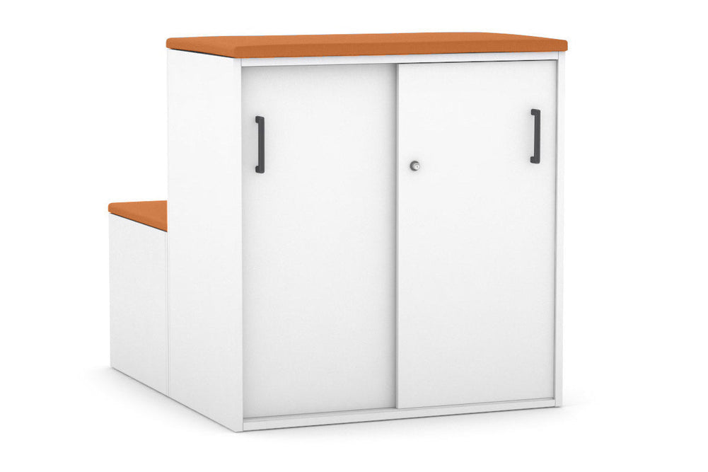 Uniform Activity Module - Med Sliding 2 Door Credenza with Low Sliding 2 Door Credenza - Seat Cushion [Black Handle]-Squash orange white  