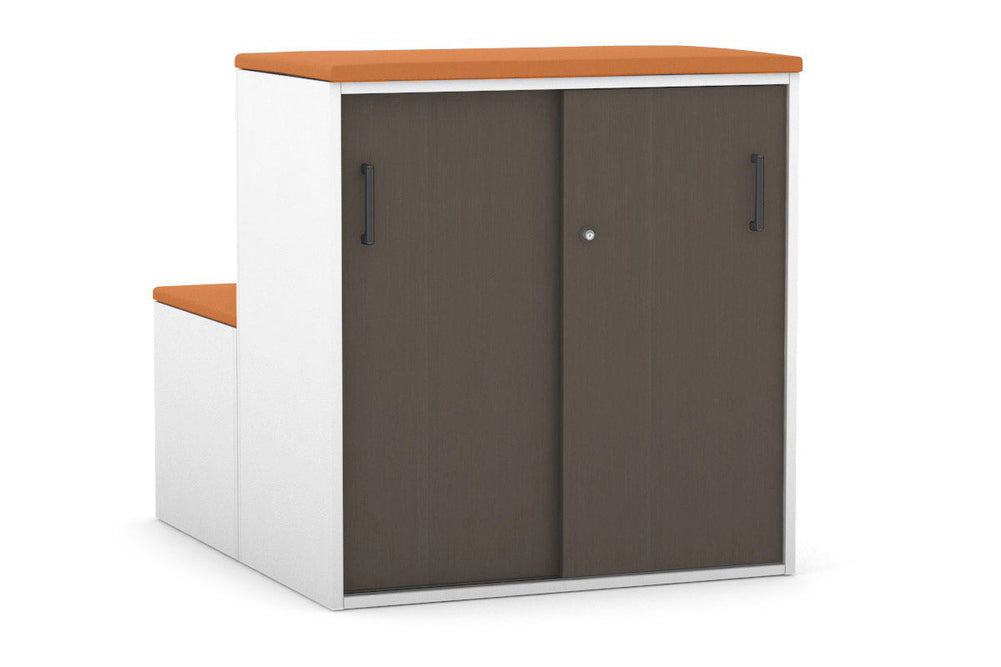 Uniform Activity Module - Med Sliding 2 Door Credenza with Low Sliding 2 Door Credenza - Seat Cushion [Black Handle]-Squash orange wenge  