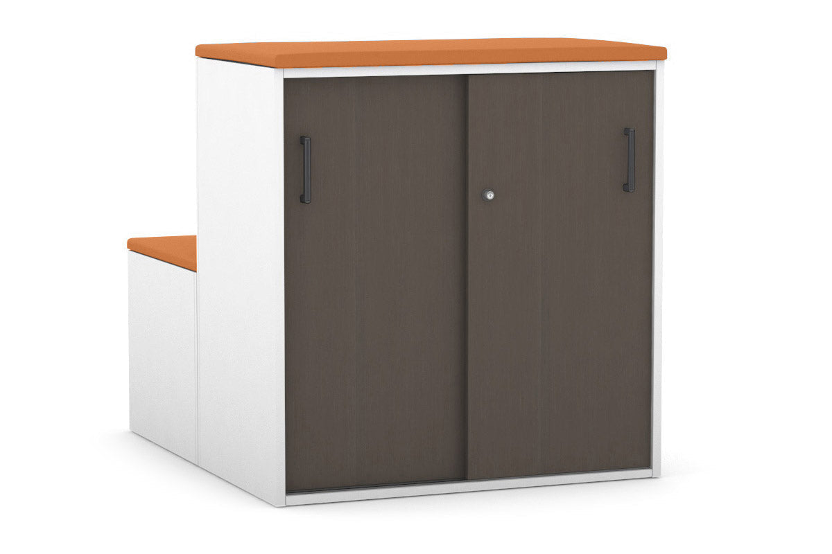 Uniform Activity Module - Med Sliding 2 Door Credenza with Low Sliding 2 Door Credenza - Seat Cushion [Black Handle]-Squash orange wenge  