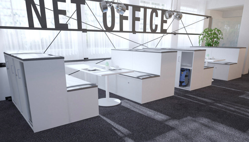 Uniform Activity Module - Med Sliding 2 Door Credenza with Low Sliding 2 Door Credenza - Seat Cushion [Black Handle]-Slate grey maple  