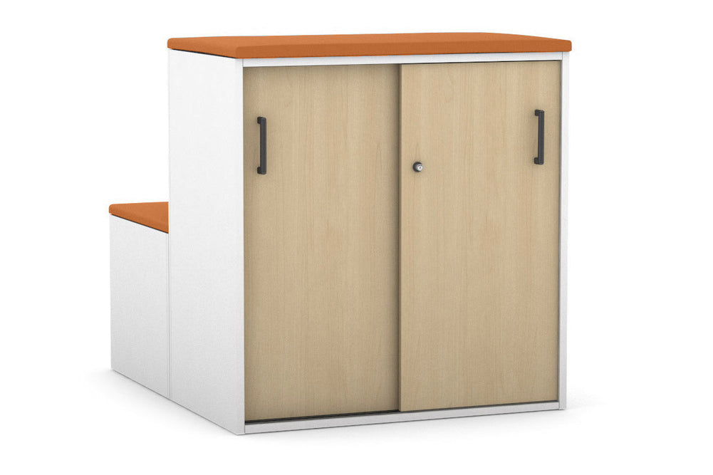 Uniform Activity Module - Med Sliding 2 Door Credenza with Low Sliding 2 Door Credenza - Seat Cushion [Black Handle]-Squash orange maple  
