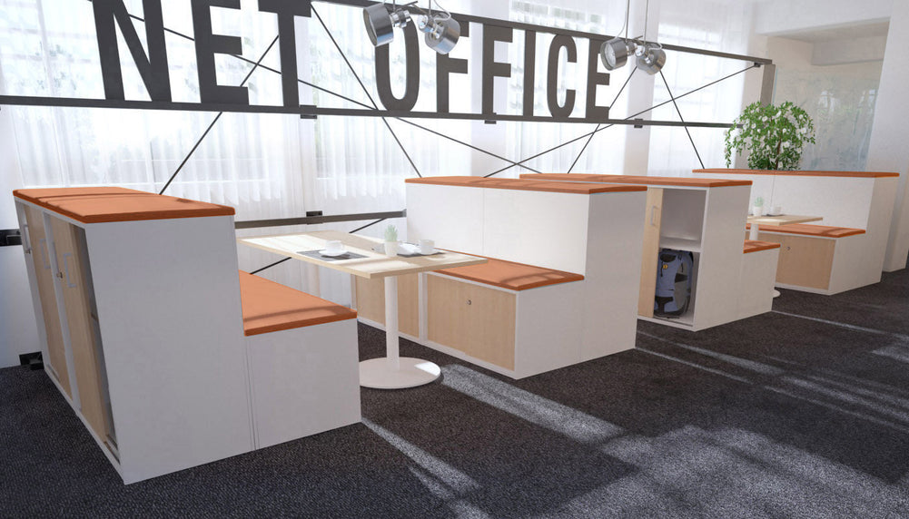 Uniform Activity Module - Med Sliding 2 Door Credenza with Low Sliding 2 Door Credenza - Seat Cushion [Black Handle]-Slate grey maple  