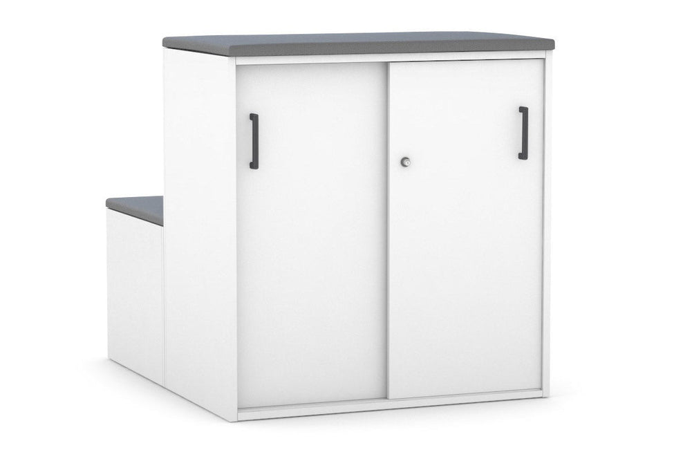 Uniform Activity Module - Med Sliding 2 Door Credenza with Low Sliding 2 Door Credenza - Seat Cushion [Black Handle]-Slate grey white  
