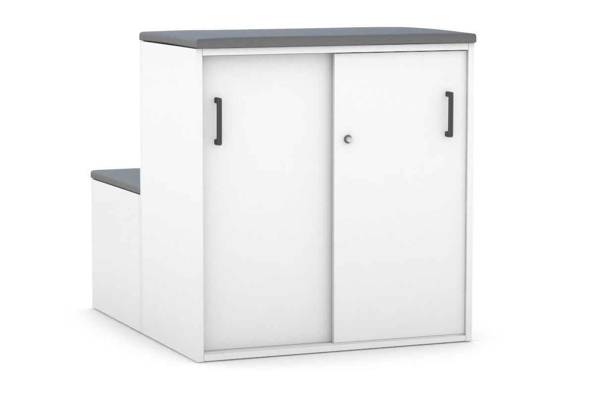 Uniform Activity Module - Med Sliding 2 Door Credenza with Low Sliding 2 Door Credenza - Seat Cushion [Black Handle]-Slate grey white  